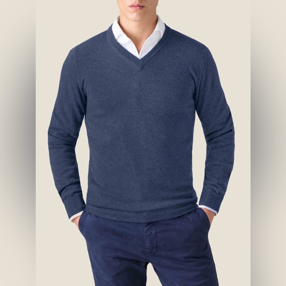 Nordstrom Men’s Fine Merino Wool Blue V-neck Pullover Sweater Preppy Career XL